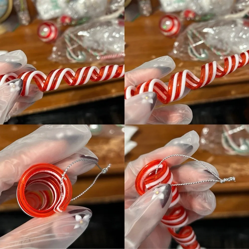 Red And White Striped Icicle and Bauble Christmas Ornaments - Set Of 3 -“Holly